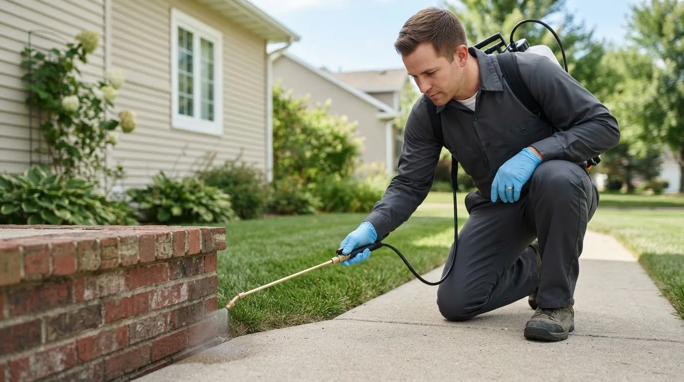 Pest control technician treating a home near Bingen, WA
